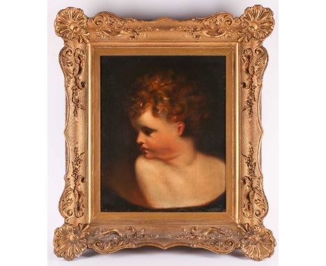 Manner of Sir Joshua Reynolds (1723-1792), a head and shoulders portrait of a boy as Cupid, oil on canvas, 41 cm x 33 cm in a