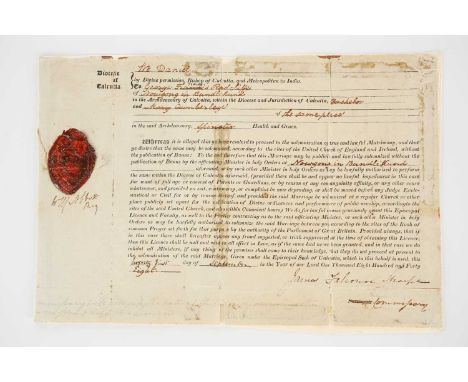 A 19th century Indian Raj marriage certificate, 1848, for the future Lieutenant General George Travis Radcliffe (Madras Caava