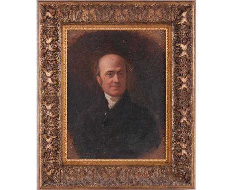 19th-century school, a head and shoulders portrait of a gentleman, unsigned oil on panel, 29.5 cm x 22 cm in a gilt frame.