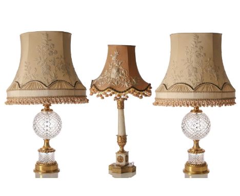 A pair of large crystal glass table lamps, with gilt metal mounts, of globular form on a circular base, 94 cm high (to includ
