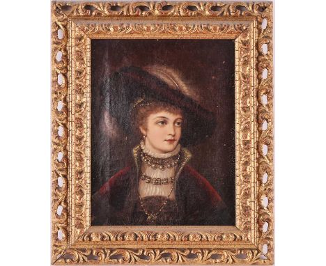 19th century school, a portrait of a finely dressed lady, unsigned oil on canvas, 22 cm x 17 cm in a contemporary gilt frame.