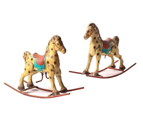 Two vintage Mobo lithographed tin plate rocking horses.