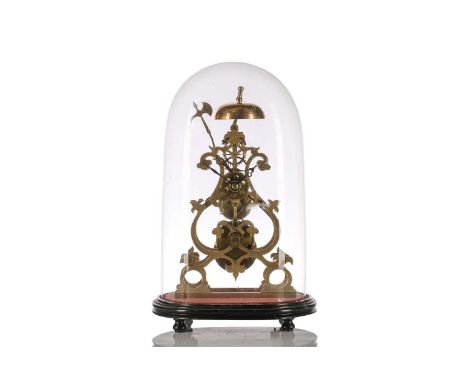 An early 20th-century single fusee skeleton clock of urn shape the halberd hammer chiming on a single bell, mounted on a moul