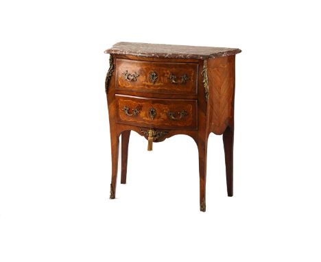 A small Louis XV style marble-topped rosewood and floral marquetry bombe commode, 19th century. With two long shaped drawers 
