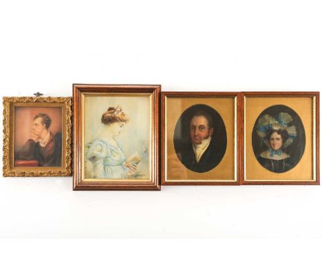 A pair of small 19th century framed portraits, depicting a smartly dressed gentleman and lady, oil on canvas (laid on board),