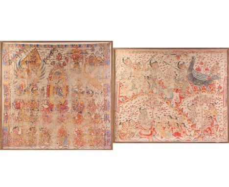 A Kamasan Balinese painting depicting Bima in the underworld from the Bhima Swarga, lacquer colours on linen, framed. Togethe