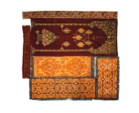 A large Russian velvet and gold thread altar cloth, 218 cm x 98 cm together with further similar textiles.