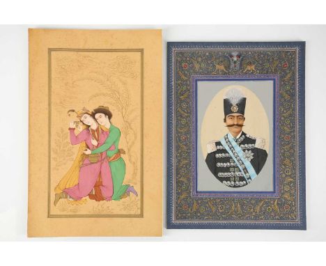 A Persian, late Qajar watercolour portrait of Ahmad Shah Qajar, Shah of Persia 1909-1925, within a border of gilt Arabesques 