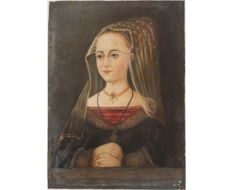 19th-century school, an oil on panel portrait of Elizabeth Woodville, copy of the original dating 1437, indistinctly signed t