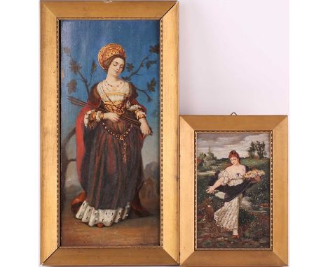 19th century Continental School, a full-length portrait of a Medieval dressed woman holding three arrows, possibly St Philome