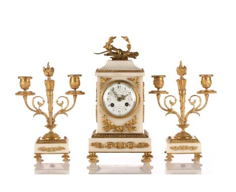 Samuel Marti a French white marble and ormolu clock garniture, early 20th century, the 8-day clock in an architectural case w