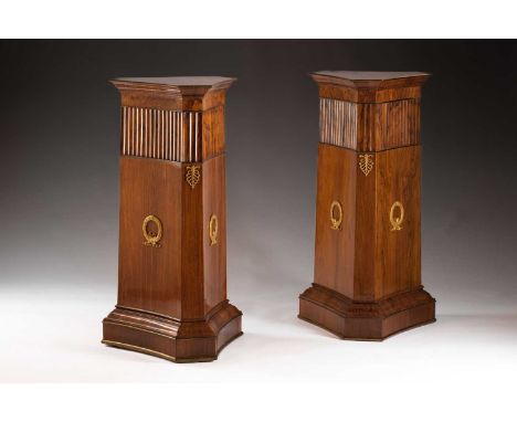 A pair of Italian Neo-Classical, ormolu and gilt brass mounted figured walnut pedestals, Ferdinand VII, c1820. With canted ta