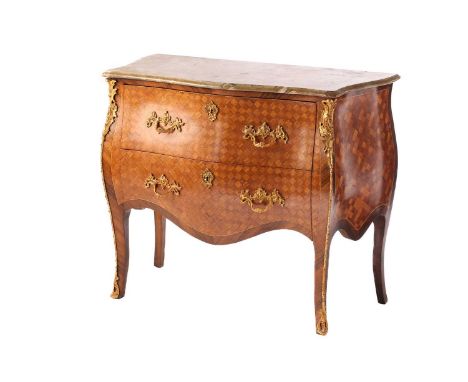 A Louis XV style parquetry cube inlaid walnut and rosewood bombe commode, 19th /20th century. With moulded serpentine terrazz