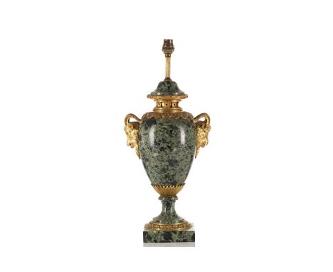 Green marble urn form table lamp, 20th century. With gilt bronze goat mask handles and fittings on a square base. 24 cm wide 