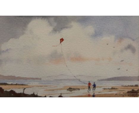 K DAY, Kite Flying on the Beach, watercolour, signed, framed and glazed.  15 x 9.5 cm. 