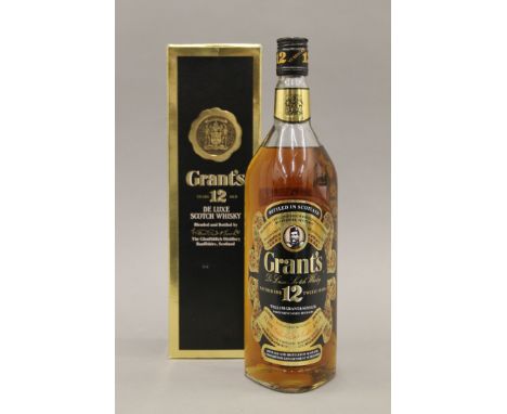 A single bottle of Grant's 12 Year Old Deluxe Scotch Whisky, boxed. 32 cm high.