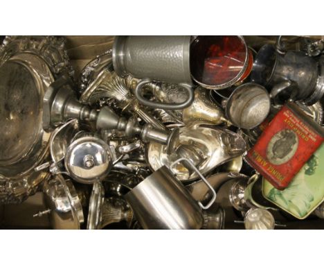 A quantity of various silver plate, including sauce boats, tea service, goblets, candlesticks, pewter, etc.