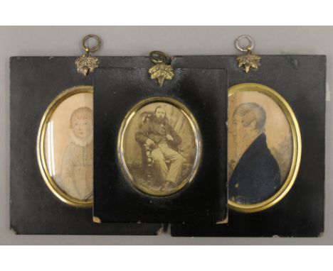 Two 19th century portrait miniatures and a photographic miniature. The latter 10.5 x 12 cm overall.