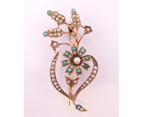 A 9 ct gold turquoise and pearl brooch. 5 cm high. 4.5 grammes total weight. 