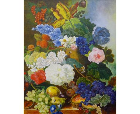 R J ATTLESEY, Flowers and Fruit, After 'Jan Van Os', oil on board, framed. 49.5 x 60 cm.