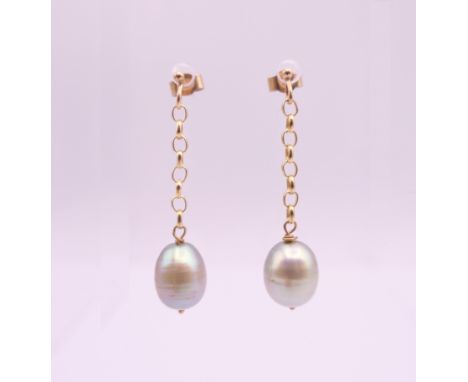 A pair of 9 ct gold and pearl drop earrings.  3.5 cm high overall, pearl 1 cm high.