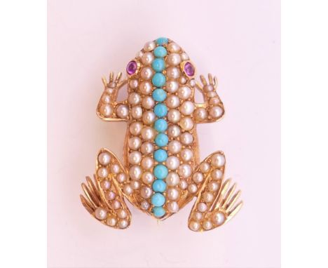 A cased 18 ct gold pearl, turquoise and ruby frog form brooch.  2.5 cm long. 4.8 grammes total weight.