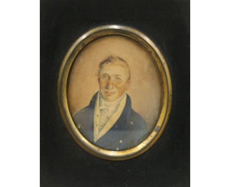 An early 19th century portrait miniature of a gentleman, framed. 17 x 19.5 cm overall.