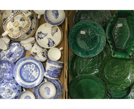 Two boxes of various porcelain, including Wedgwood Green Leaf plates, Spode, etc.