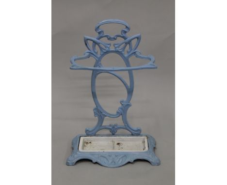 An Art Nouveau blue painted stick stand and a blue coal scuttle. The former 60 cm high.