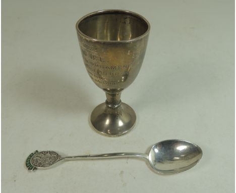 TENNIS - a small silver trophy cup "Tennis Tournament 1935..." together with a silver and enamelled teaspoon "SCLTA" with Wyv