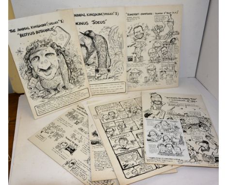 SOMERSET COUNTY CRICKET - eight original cartoons c.1986 by Smith, seven laid on artists board.  Humorous scenes, some of com