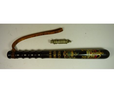 A George V Special Constable Truncheon 1914-1919, with original leather wrist strap stamped "Hiatt's B'Ham" 38cms long togeth