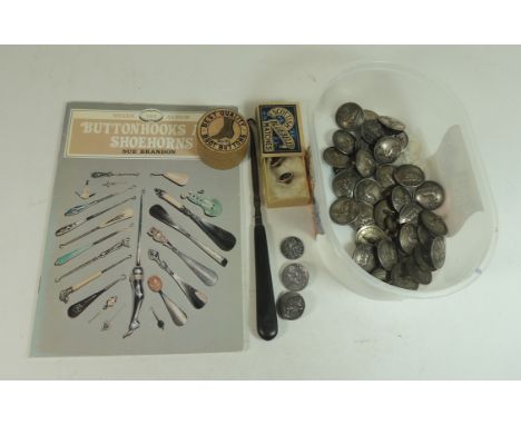 A quantity of  silver plated livery buttons, each with recumbent stag (32 large 4 small); a card box of boot buttons; three d