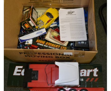 A large quantity of unboxed modern diecast cars, some larger scale, some motorbikes etc and a large scale plastic battery ope