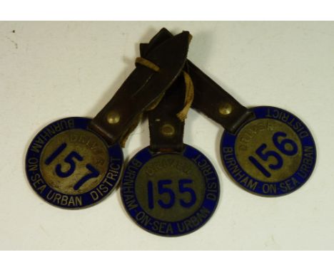 Burnham on Sea Urban District Driver badges - three blue enamel metal circular discs on original leather frogs (3)