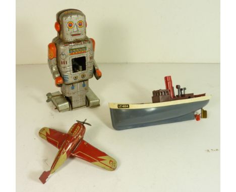 A small German made tinplate clockwork aeroplane with hinged wings and litho printed decoration 14cms wingspan; a Japanese ma