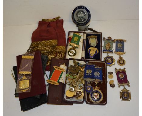 Royal Antediluvian Order of Buffaloes - enamelled white metal car bumper badge; enamelled silver gilt medals (5); pair of ena