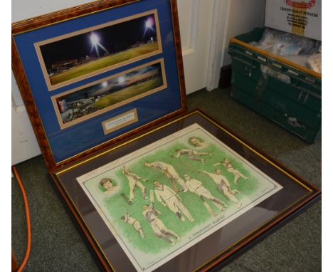 Two colour photographs "Taunton Under Floodlights September 2003" framed together and a print "A Somerset Eleven" (2)