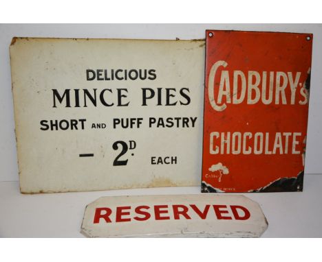 A single sided enamel advertising sign "Cadburys Chocolate" white lettering on red ground, 31cms x 20.5cms; a c.1930's printe