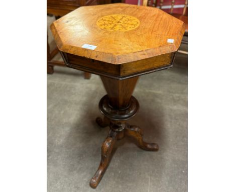 A Victorian trumpet shaped inlaid walnut sewing table 