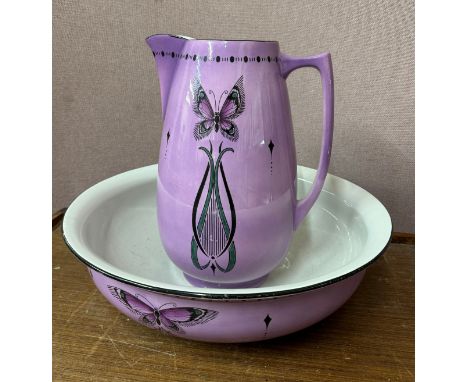 A Shelley Art Deco butterfly pattern wash jug and bowl 