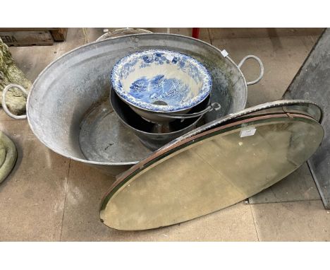 A galvanised tub, scales and weights, a bucket, etc.