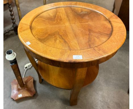 An Art Deco walnut occasional table and lamp 