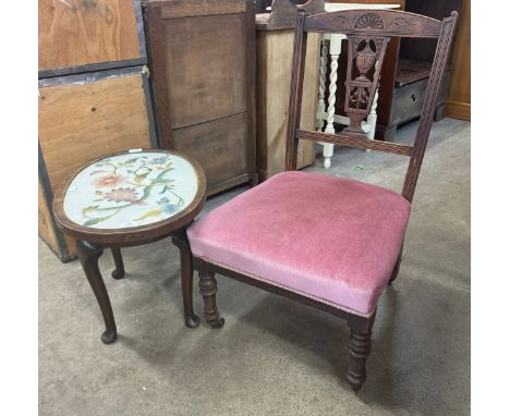 A Victorian carved mahogany side chair and a tapestry topped occasional table 