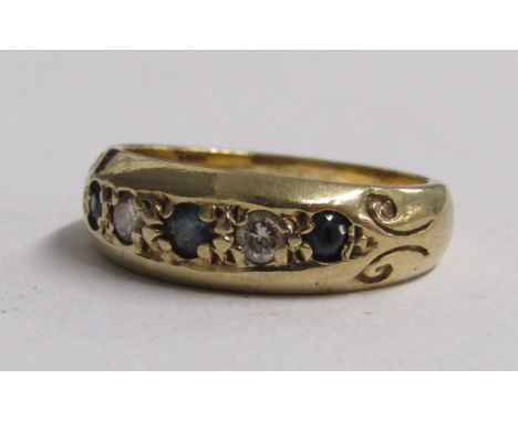 9ct gold diamond and sapphire 5 stone ring - ring size K/L - total weight 3.5g