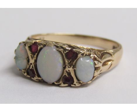 9ct gold opal and ruby ring - ring size O/P - total weight 3.3g (slight damage to 2 opals)