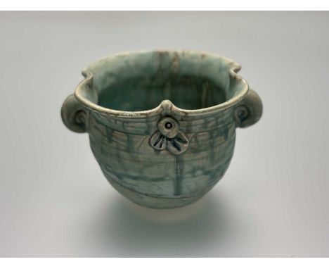 Peter Gboko for Abuja Pottery, twin handled pot with green drip glaze, with impressed PK verso. (h-13cm w-16cm)