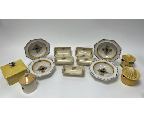 A collection of four hexagon form ceramic bowls with hand painted floral designs (d. 16.5cm), together with five Famille Rose