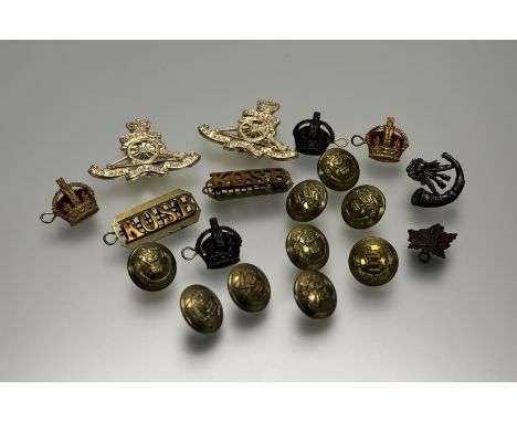 A collection of cap, uniform badges and buttons to include eight Gordon Highlanders brass buttons, two KOSB uniform badges et