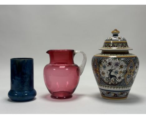 A Wescontree Candy Ware cylindrical vase in a green and blue luster glaze (h-15.5cm), a Portuguese lidded vase hand painted i